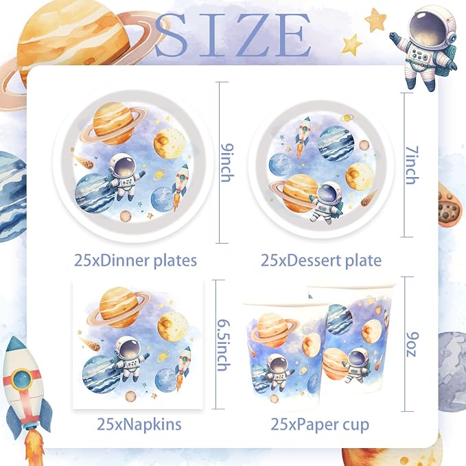 Space Themed Birthday Party Decorations Outer Space Paper Plates Napkins Cups Party Supplies Planets Astronaut First Trip Around The Sun Tableware Set for 25 Guests