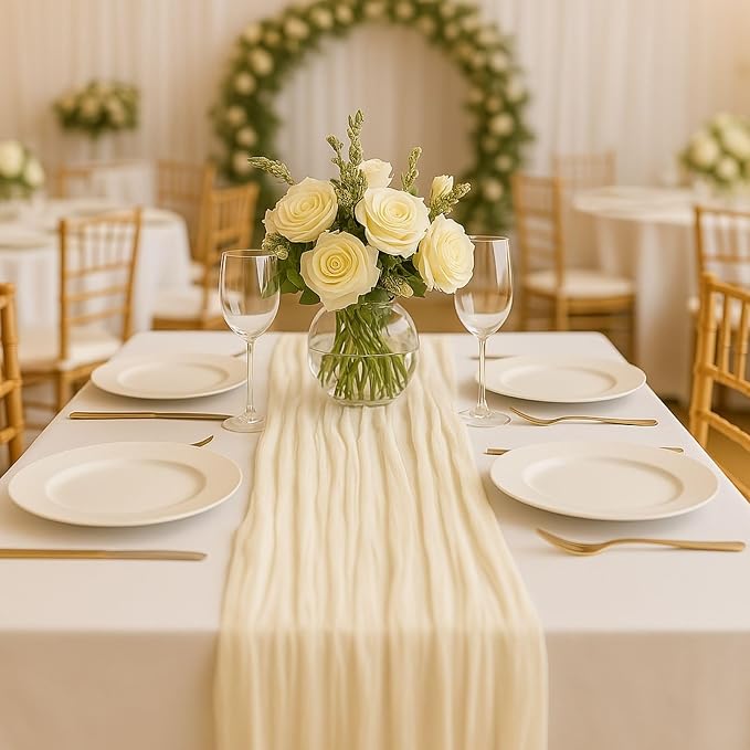 10FT Beige Cheesecloth Table Runner 120 Inch Rustic Boho Gauze Cheese Cloth Table Runner for Wedding Baby Shower Bridal Shower Birthday Party Home Decorations