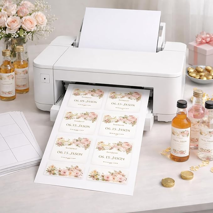 Dashleigh Mini Bottle Labels 3x1.5 Inch, 70 Blank Printable Stickers for Mini Champagne, Wine and Liquor Bottles - Recycled White Label Sheets for Inkjet and Laser Printer, Wedding Favors, Party Gifts