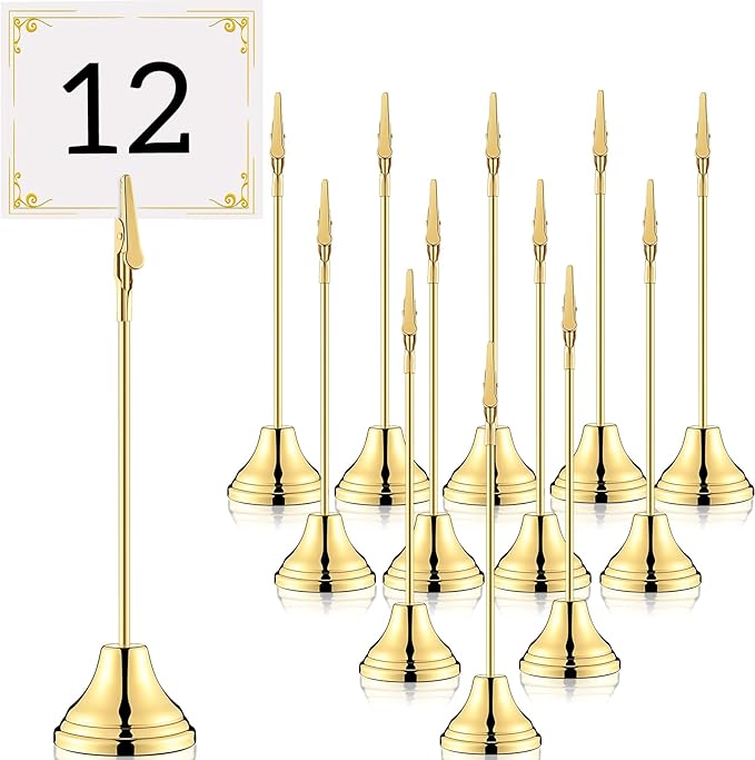 Skyygemm 12 Pcs Table Number Holders 8 Inch Place Card Holder with Alligator Clip Metal Table Card Holders Table Number Stands Table Sign Holders for Photos, Food Signs, Birthdays, Weddings (Gold)