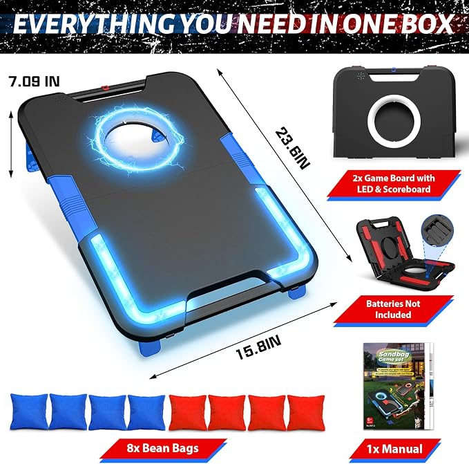 LED Cornhole Board Set, Light-Up and Travel Cornhole Boards Games Set, Corn Holes Outdoor Game, Corn Hole Game Set w/ 2 Boards, 8 Beans Bags for Backyard, Beach, Lawn (Black)