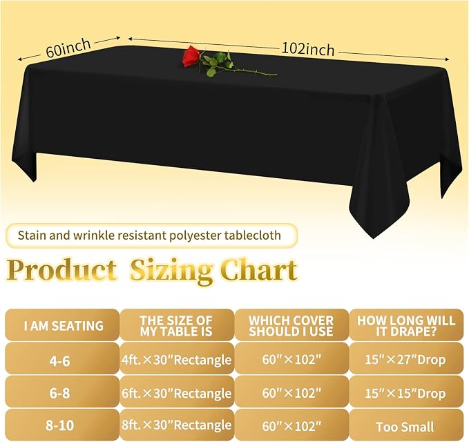 12 Pack Black Tablecloths for Rectangle Tables Stain and Wrinkle Resistant Washable Polyester Tablecloth 60 x 102 Inch Table Cloth Rectangle Table 6 Foot Rectangle Table Cloth for Wedding Party