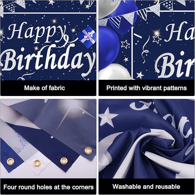 Blue and Silver Birthday Decorations for Men Women, Blue Party Decorations for Men Boys Girls Happy Birthday Backdrop Tablecloth Balloons Arch Kit White Silver Confetti Balloons Foil Fringe Curtains