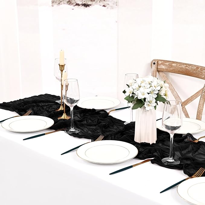 24 Pack Black Cheesecloth Table Runner 10FT Boho Gauze Cheese Cloth Table Runner Rustic Sheer Fabric Table Runners for Wedding Bridal Shower Baby Shower Party(21.5×120 Inch)