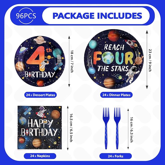 96Pcs Reach Four the Stars Party Supplies Space 4th Birthday Plates and Napkins Disposable Outer Space Theme Tableware Set for Boys Galaxy Astronauts Planet Birthday Party Decorations Serves 24