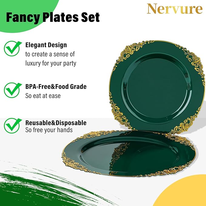 Nervure 100Pcs Green and Gold Plastic Plates - 7.5inch Green Disposable Plates - Heavyweight Gold Plastic Plate - Dessert Plate for Wedding & Party