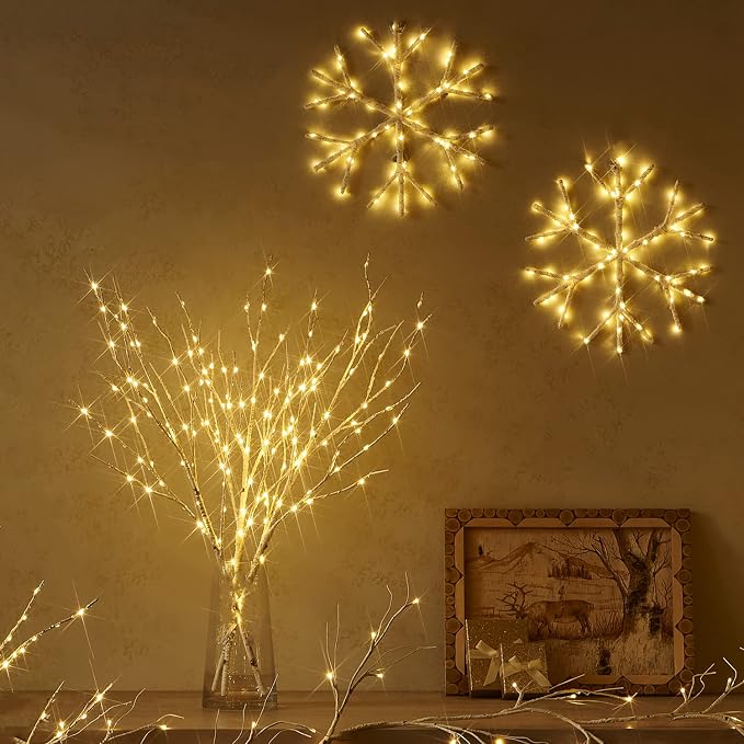 Fudios Lighted Snowflake LED Warm White Battery Operated with Timer 70L Fairy Lights 14in for Christmas Wall Window Winter Decoration Indoor Outdoor use