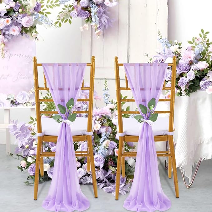 QueenDream Wedding Aisle Chair Sashes Decorations 36 Pieces Light Purple Soft Chair Sashes Tulle Chairs Covers with Artificial Eucalyptus