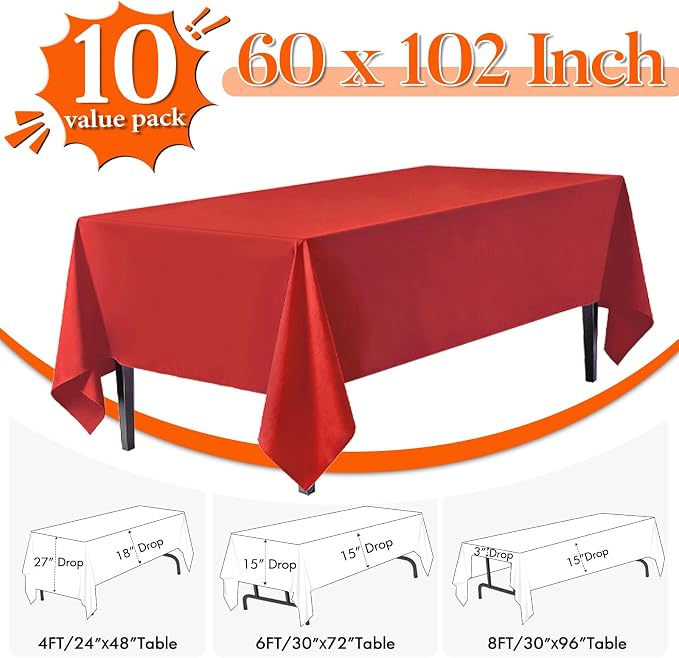10 Pack Red Tablecloth 60x102 Inch Red Table Cloth for 6 Foot Rectangle Tables, Wrinkle Resistant Rectangular Tablecloth Washable Polyester Fabric Table Covers for Party Banquet Wedding Buffet