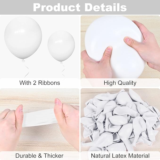 Isndare 100Pcs White Balloons, White Balloon Garland Arch Kit 18/12/10/5 Inch Pastel White Latex Balloon Different Sizes Pack for Birthday Wedding Baby Shower Graduation White Theme Party Decoration