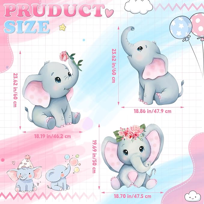 3Pcs Pink Elephant Baby Shower Decorations with Stakes & Stands, Waterproof Large Baby Elephant Cardboard Cutouts Standup Cartoon Birthday Party Indoor Outdoor Decor for Photo Booth Props