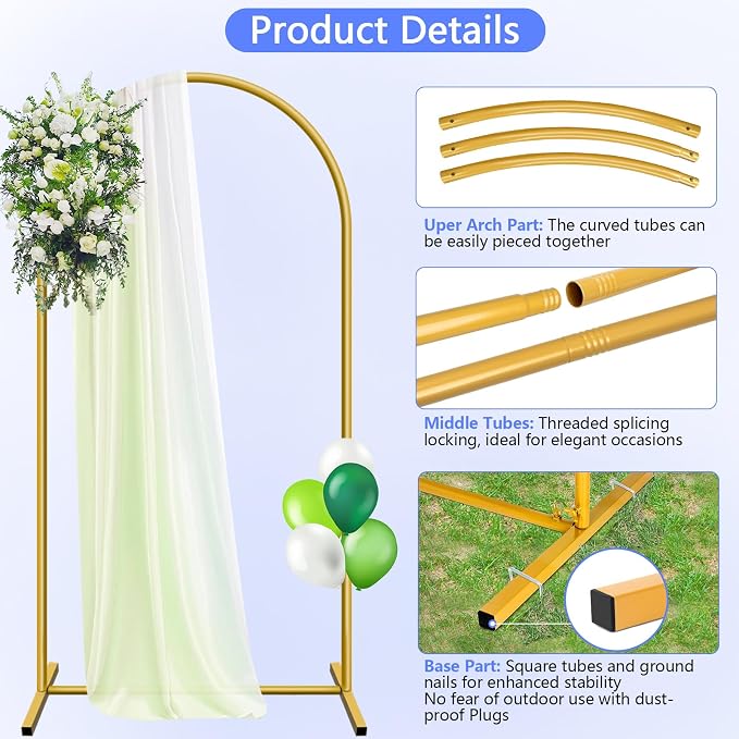 Metal Arch Backdrop Stand and Cover Set 7.2 ft, Wedding Arch Stand with White Cover for Party, Birthday, Wedding, Bridal Shower, Baby Shower (White, 7.2 ft)