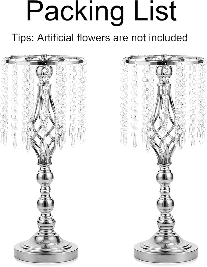 Sliver Vases Centerpieces for Table: 19.3" Tall Flower Stand with Crystal Patent for Wedding Center Piece Party Event Set of 2