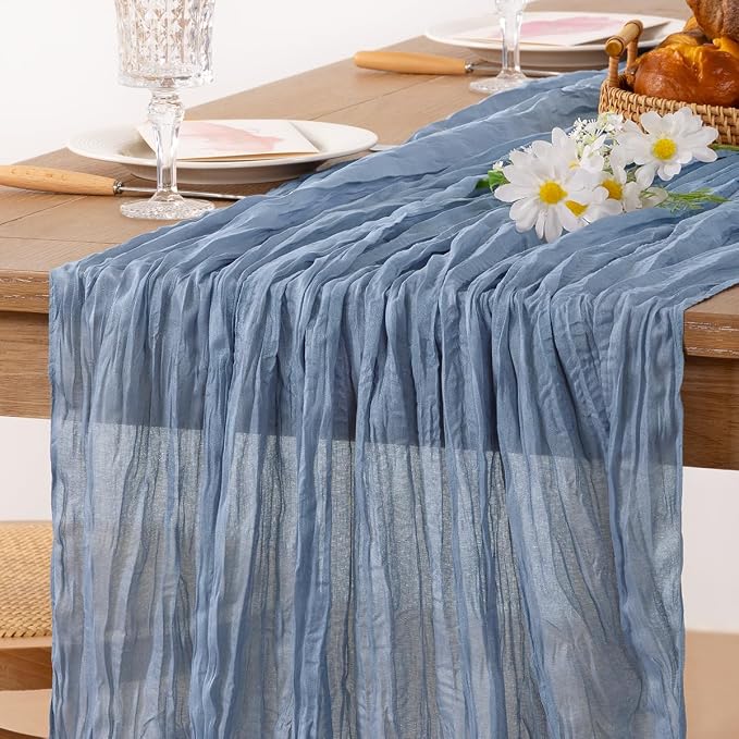 MLMC 6 Pack Dusty Blue Table Runner 10ft Boho Gauze Cheesecloth Table Runner Bulk 65x120 Inches Rustic Cheese Cloth Decor for Wedding Bridal Shower Baby Shower Party Decor