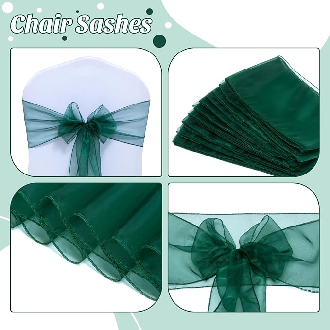 MDS® Pack of 200 Organza Chair Sashes for Wedding Decoration, Reusable Sheer Chair Bows for Banquet Chair Cover, Reception, Bridal Shower, Baby Shower, Birthday Party & Special Events - Hunter Green