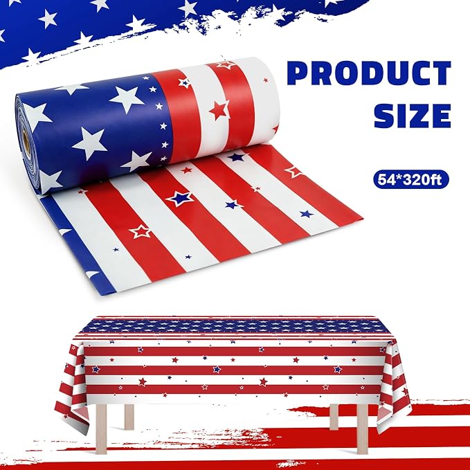54IN X 320FT Patriotic Tablecloth for 4th of July Independence Day Decorations,Tablecloth Roll with Cutting Box,Memorial Day Decorations, Veterans Day Supplies