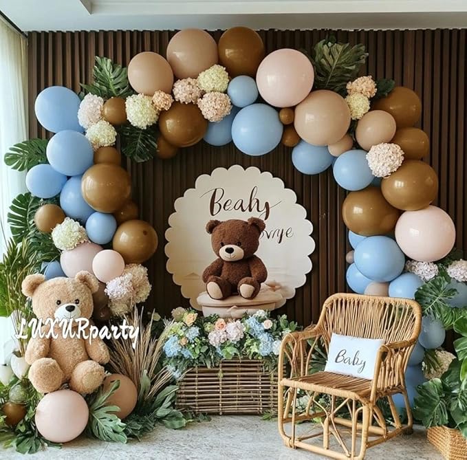 Blue Brown Nude Balloon Garland Double Stuffed Dusty Blue Coffee Pastel Balloon Kit for Teddy Bear Baby Shower Boy Birthday Gender Reveal Boho Theme Party Decorations