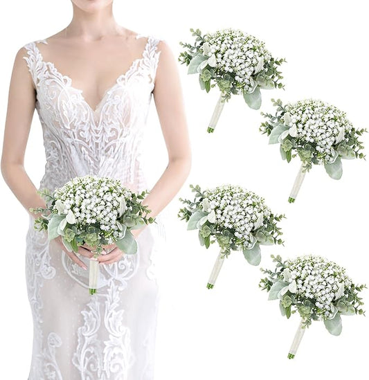 Artificial Babys Breath Bridesmaids Bouquets Set of 4-7 Inch White Fake Gypsophila Bouquet for Bridesmaid, Real Touch Small Bouquet for Bridesmaids Wedding Bridal Shower Centerpieces