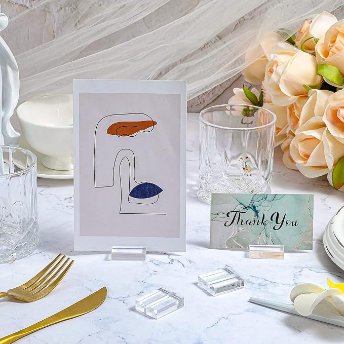 Yalikop Acrylic Place Card Holders 1.2 Inch Name Card Holder Stands Clear Table Number Stands Wedding Sign Holders Display Stand for Table Wedding Photos Office Menu Meeting(50 Pieces)