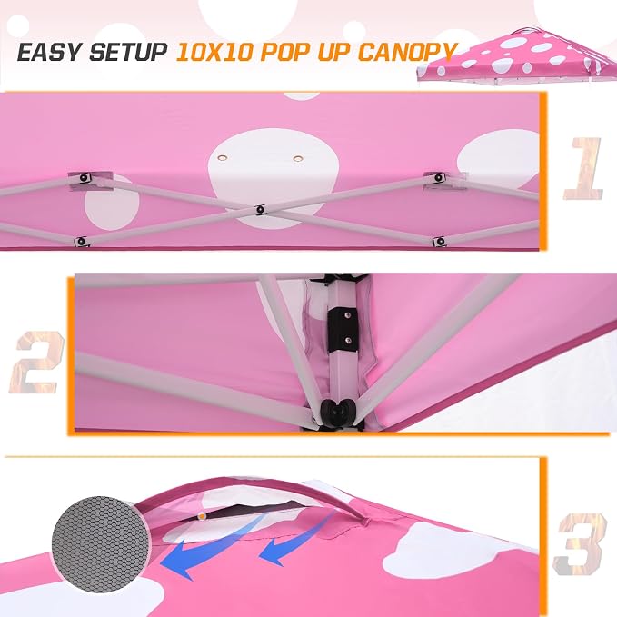 EAGLE PEAK Pop Up Canopy Tent with Wheeled Carry Bag, 8 Stakes, 4 Ropes, 4 Weight Bags, Easy Set Up Tent Canopy, 10x10 ft, 100sqft of Shade, Pink Mushroom