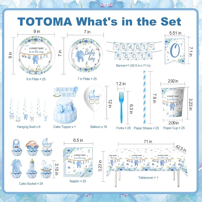 220 Pcs Blue Baby Shower Decorations 25 Guest All-in-One Party Supplies Kit with Disposable Tableware, Balloons, Hanging Swirl, Banner, Cake Toppper, Tablecloth for Baby Shower Decor