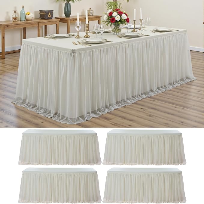 4-Pack Ivory Tulle Tablecloth for 8 Ft Rectangle Tables – Elastic Spandex Table Cover with Tutu Skirt, Wrinkle Free for Wedding, Birthday Party, Banquet Buffet, Craft fairs
