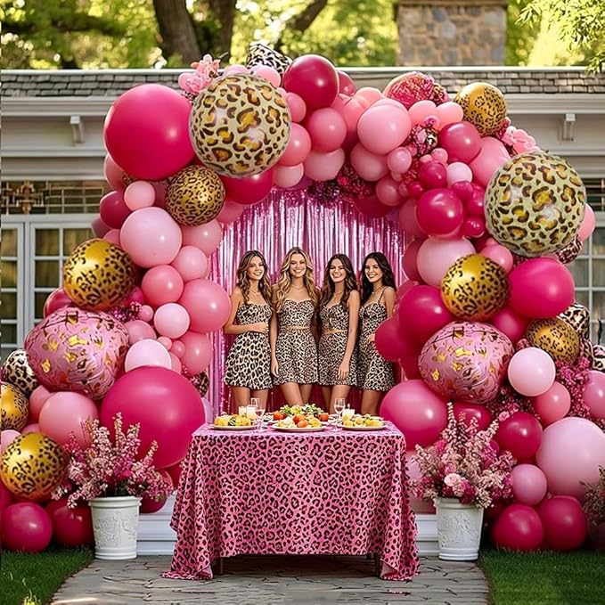 Hot Pink Balloon Arch Kit, Double Stuffed Dark Light Pink Magenta Gold Cheetah Print Balloons Fringe Curtain for Birthday Baby Shower Mother's Day Bridal Wedding Safari Jungle Wild Party Decorations
