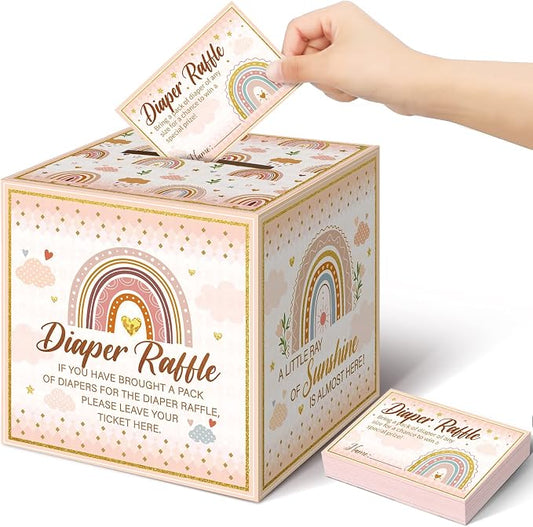 Teling 51 Pieces Diaper Raffle Tickets with Card Box Baby Shower Decorations Baby Shower Holder Box for Girl Boy Diaper Raffle Party (Rainbow)