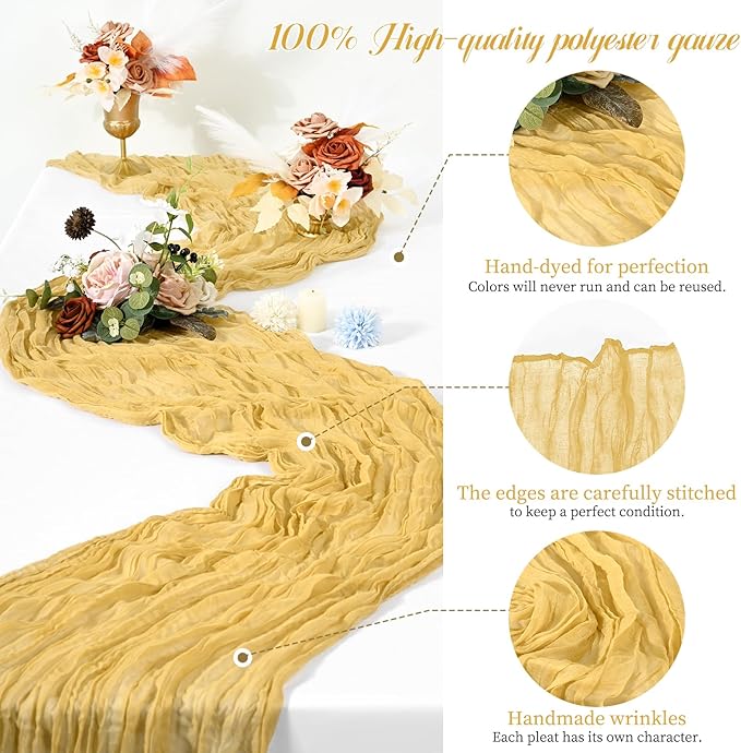 24 Packs Gold Table Runner, Charming Cheesecloth Table Runner 17 x 108inch, Gauze Boho Wedding Decoration Rustic Sheer Fabric Cheese Cloth Table Runners for Wedding Party Bridal Shower