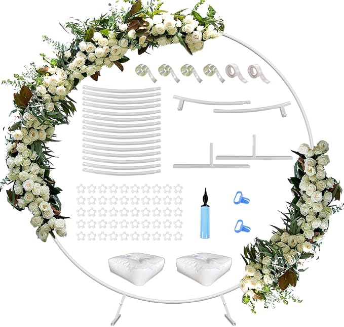 Queension Large Wedding Arch for Ceremony 7 Ft, Metal Balloon Arches Backdrop Stand with Metal Base for Party Supplies, Outdoor Garden Trellis with Water Bag for Climbing Plant, Round Frame, White