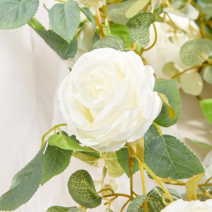 PONKING Flower Garland Artificial Rose Vine Flowers Hanging Fake Roses Vines for Wedding Birthday Party Valentines Christmas Room Wall Arch Decor, 2 White Floral Garland Decorations, High Realistic