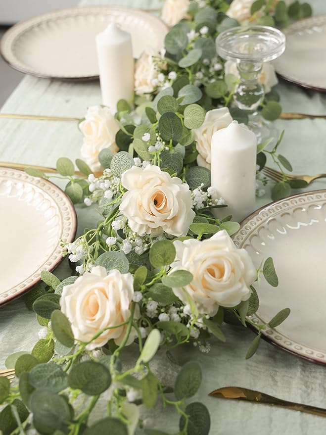 Anna's Whimsy 2PCS 5.91FT Artificial Eucalyptus Greenery with Flowers, Fake Rose Gypsophila for Wedding Spring Home Party Decor（Champagne）