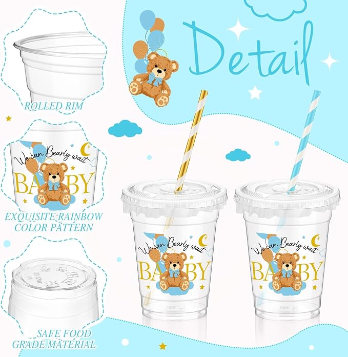 FoldTier 50 Pcs Baby Shower Party Supplies Disposable Plastic Cup 12 oz Blue Bear Cups Thick Clear Mug Blue Lids Straws Baby Shower Table Decorations Party Favors