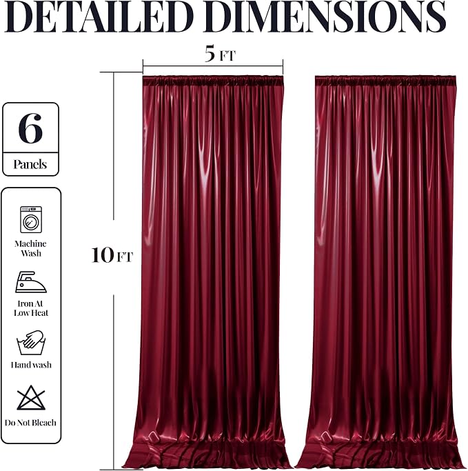 30x10ft Burgundy Glitter Backdrop Curtain for Parties, Wrinkle Free Satin Photo Backdrop Drapes 6 Panels 5x10FT Shimmer Back Drop Cloth for Wedding Birthday Baby Shower Photography Background Decor