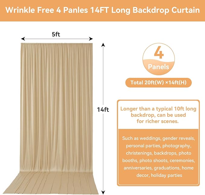 20ftx14ft Beige Backdrop Curtains for Wedding-Wrinkle Free Backdrops Curtain Drapes Fabric Decorations Photo Back Drop Cloth for Baby Shower Photography Stage Reception 4Panels 14ft(H) x 5ft(W)