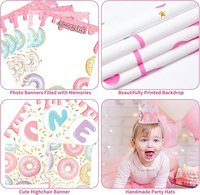 SNLN Sweet One Birthday Party Decorations, First Birthday Decorations for Girl, Balloon Box Photo Banner Donut Foil Balloon Arch Backdrop Highchair Banner Crown, One Year Old 1st Party Supplies