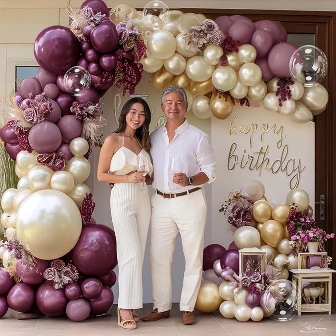 Dusty Purple Gold Balloon Arch Kit Double Stuffed Plum, Dark Lavender, Pearl White Sand Balloon Garland with Clear Bobo for Birthday Bridal Baby Shower Mothers Anniversary Graduation Party Decoration