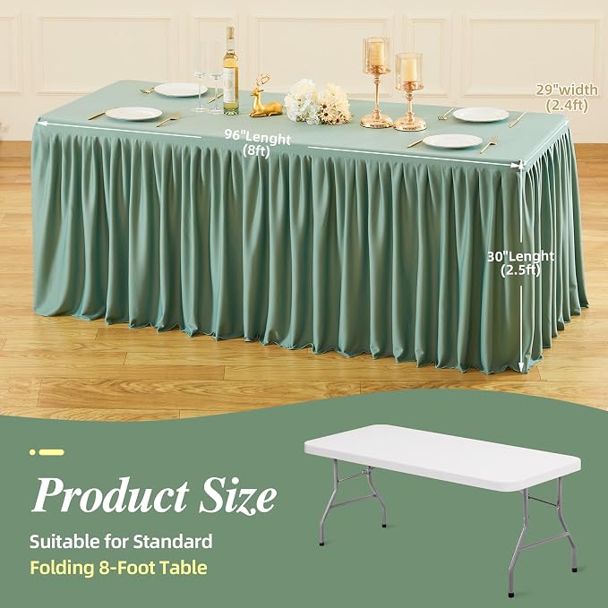 PARTISKY 6 Pack Sage Green Tablecloths for Rectangle Tables 8ft, Wrinkle Resistant Spandex Table Cover Fitted Stretch Table Cloth with Pleated Ruffle Skirts for Party Banquet Dining Birthday Wedding