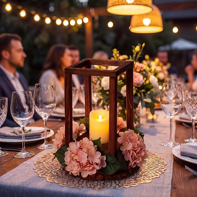 Leinuosen 12 Set Wooden Wedding Lantern Centerpiece Baptism Wooden Lantern Candle Holder and Wood Slices, Rustic Decorative Home Centerpiece for Wedding Table Party Farmhouse Country Decor
