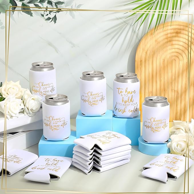 Qinyoung 50 Pieces White Wedding Can Cooler Sleeves Bulk Engagement Party Favors for Guests Beer Cooler Cheers to Love Laughter Happily Ever After Rehearsal Dinner Decorations for Wedding Bridal