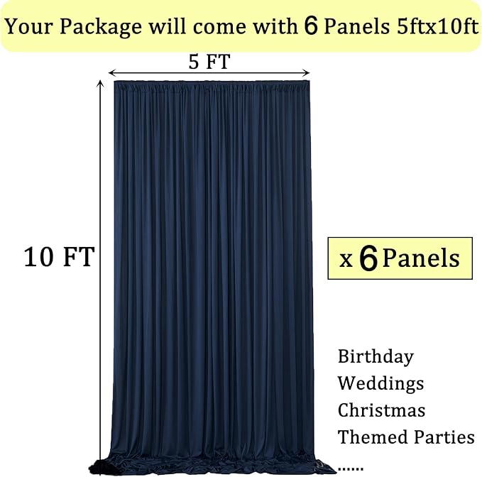 30ft x 10ft Wrinkle Free Navy Blue Backdrop Curtains for Parties, 6 Panels 5x10ft Silky Polyester Photo Backdrop Drapes for Wedding Birthday Graduation Photography Party Background Stand