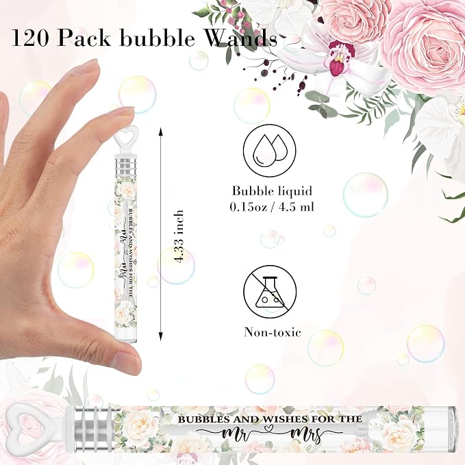 Hollowfly 120 Pack Pink Flower Wedding Mini Bubble Wands for a Wedding Bulk White Heart Bubble for Guests Send Off Wand Adults Bridal Exit Shower Party Supplies Valentine Anniversaries Celebration