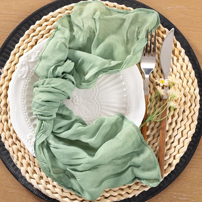 25pcs Sage Green Cheesecloth Napkins Spring Washable Boho Rustic Gauze Table Cloth Napkins Bulk 21x21 Inches for Wedding Party Bridal Baby Shower Birthday Table Decor