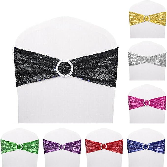 Dimatic 50 PCS Stretch Sequin Chair Sashes Chair Stretchy Spandex Bands for Wedding Reception Events Banquets Chairs Decoration (Black)