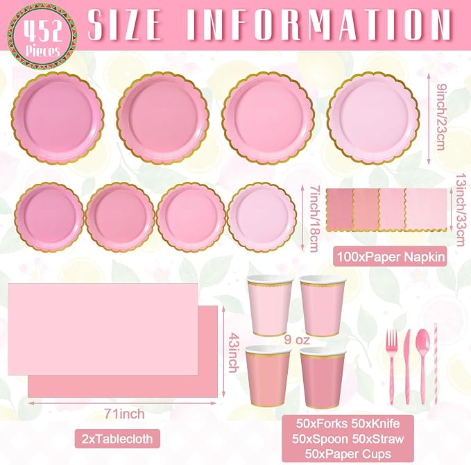 Vesici 452 Pcs Pink Party Supplies Set for 50 Guests 9'' 7'' Paper Plates Napkins Tablecloths 9 oz Cups Cutlery Straws Disposable Tableware for Girls Birthday Baby Shower Wedding Tea Party Decoration