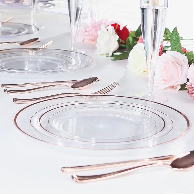 I00000 50 Pcs Rose Gold Plastic Plates, Disposable Party Set Include: 50 Clear Plastic Plates with Rose Gold Trim for dinner and dessert Perfect for Holidays, Wedding & Party Supplies