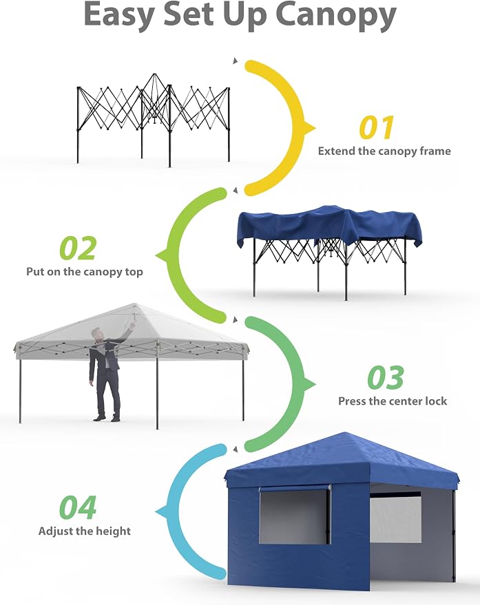 10x10 Pop Up Canopy with 3 Sidewalls - Outdoor Canopy Tent with Portable Roller Bag - One Button Push Setup, 3 Adjustable Height, 4 Weight Bags, 8 Stakes & 4 Guy Ropes Included, Blue