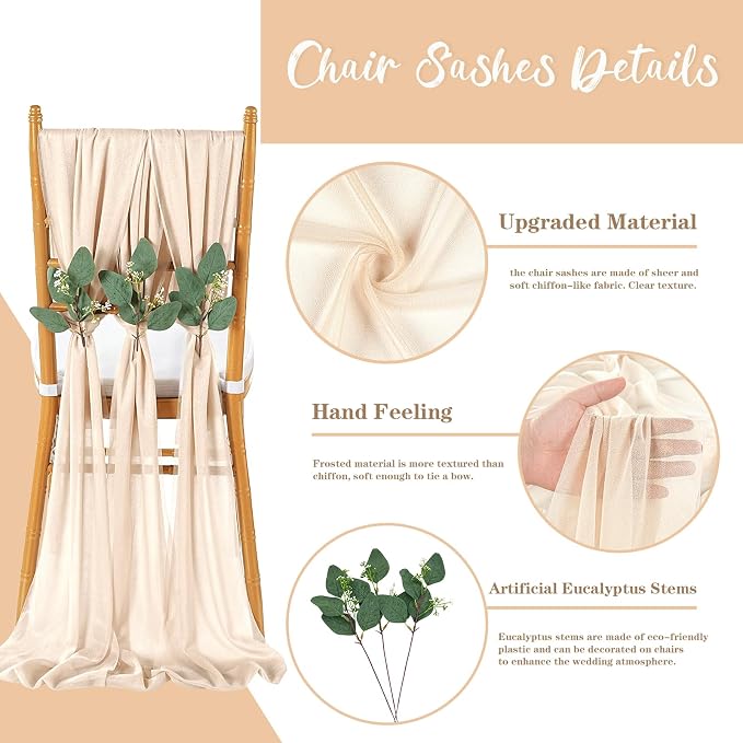 QueenDream Sheer Fabric Wedding Chair Sashes: 36PCS Tulle Church Chair Cover Long Chairs Bows Aisle Drapes Party Decorations Champagne