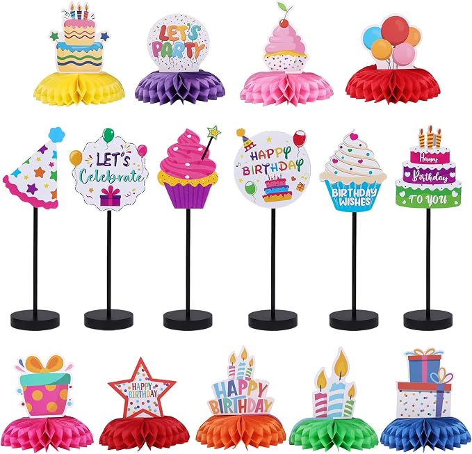 15 Pcs Birthday Table Centerpieces Set - Colorful Honeycomb Balls & Wooden Table Standing Sign Decor Kit for Party, Home Celebration Supplies