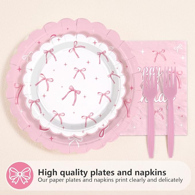 96Pcs Pink Bow Party Supplies Coquette 18th Birthday Party Plates and Napkins Disposable Bow Themed Tableware Set for Girl Happy 18th Birthday Graduation 2026 Decorations, Serves 24
